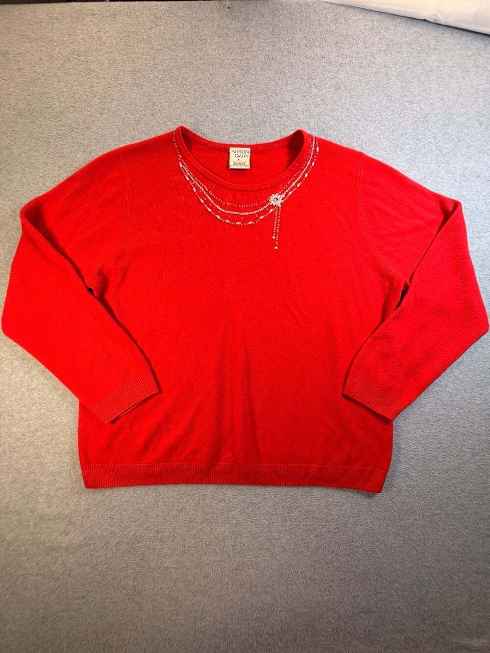 Allison Daley Sweater Size XL Red Beaded Neckline Floral Embellishment